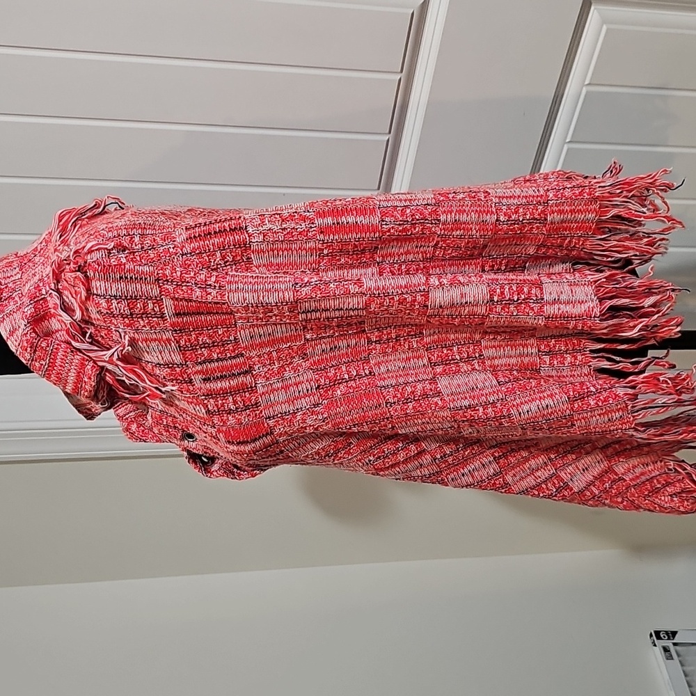 Boho Orange, Black and White Fringe Poncho, Womens One Size - Picture 3 of 7